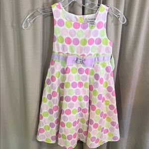 Youngland Polka Dot Dress with Bow - Pink, Green, White